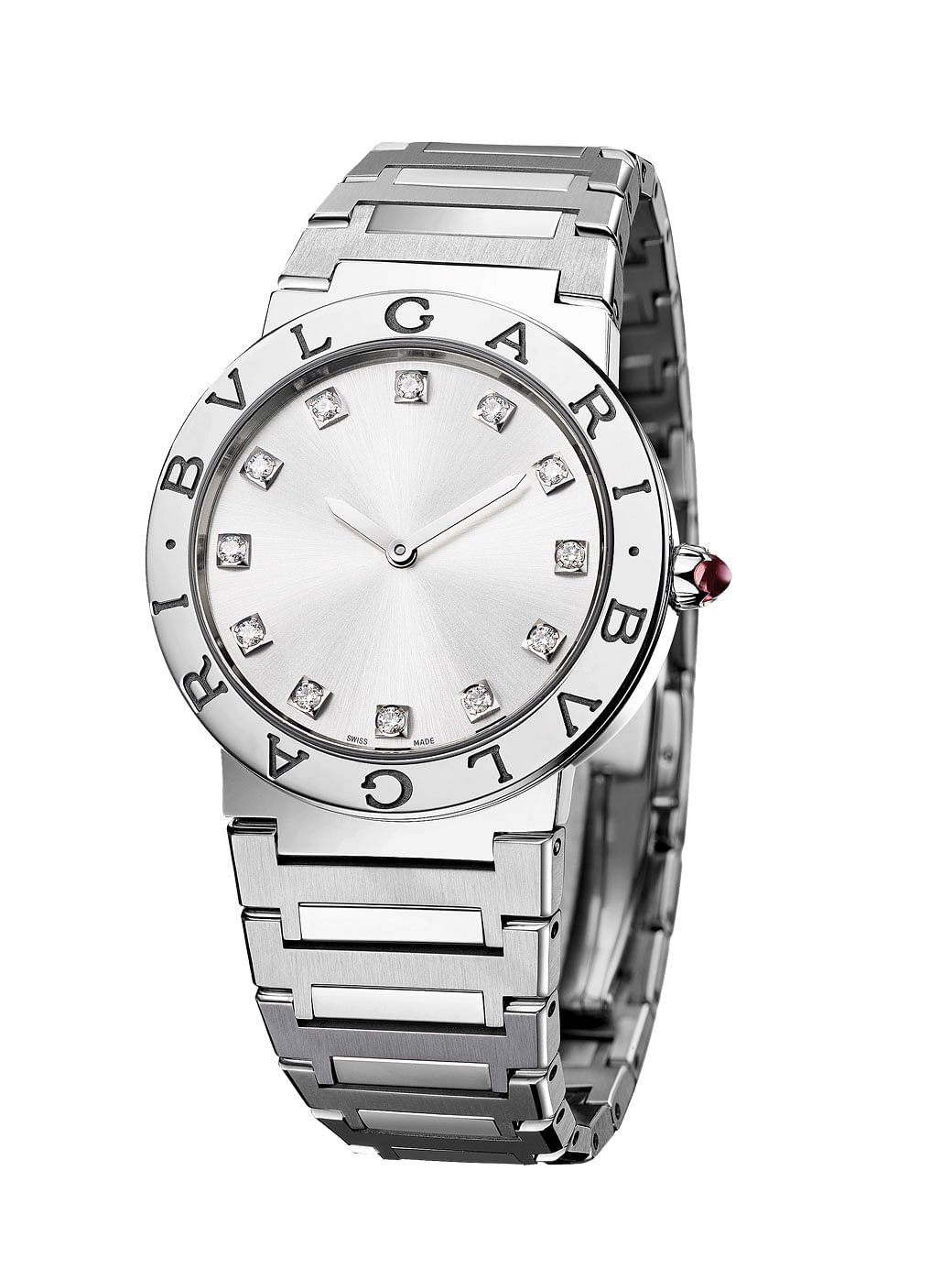 Bvlgari Bvlgari Lady stainless steel watch with diamonds, $6,700, and Bvlgari Bvlgari Lady stainless steel black DLC treatment watch, $5,710, Bvlgari